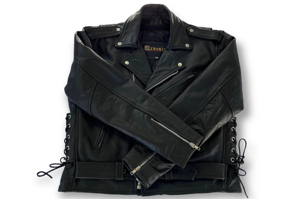 Chaqueta de Cuero Geronimo Motociclista Negra Con Cordones Laterales Talla 44 Forro Acolchado Usada en Excelente Condición De Colección Foto 3 de 4
