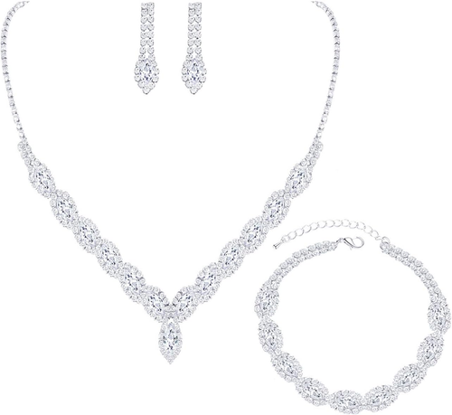 CZ Rhinestone Necklace Earrings Wedding Jewelry Set for Bride Bridesmaid Prom...