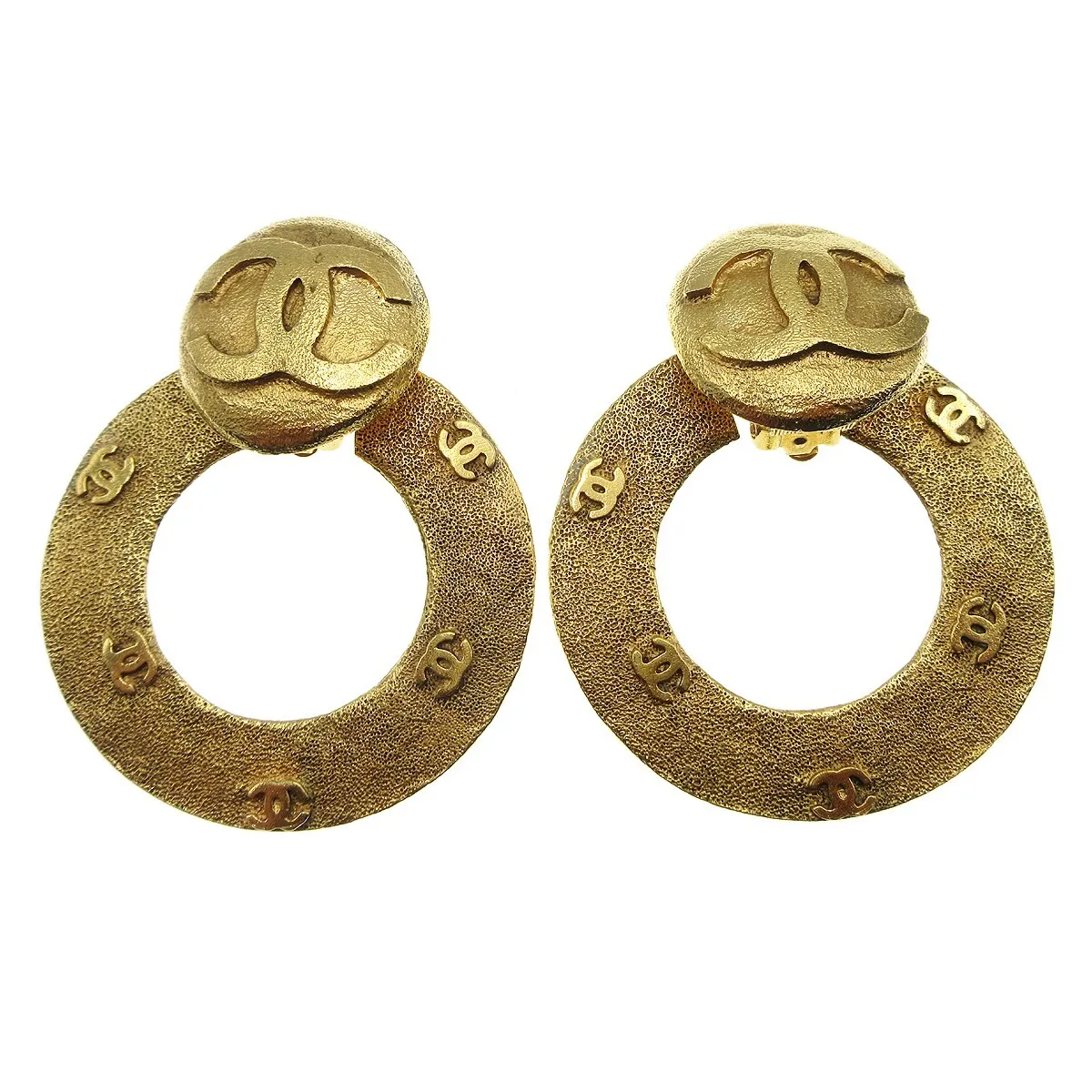 CHANEL CC Logos Dangle Hoop Motif Earrings Clip-On Gold-plated 2910/29 17887