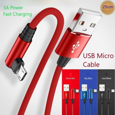 3A USB Micro Charging Cable Fast Quick Charging Data Cord 90 Degree Elbow 25cm