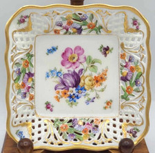 1930's Schumann Bavaria Germany Dresden Flowers 5.5" Reticulated Square Bowl