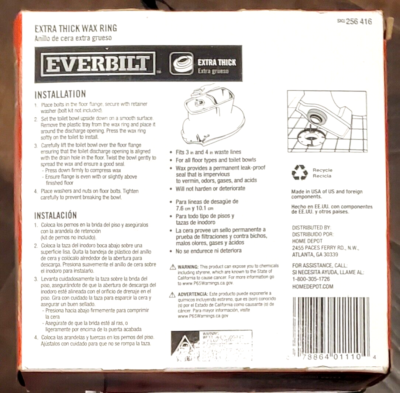 Everbilt Wax Ring for Toilet (Extra Thick) #10 (256 416) NIB