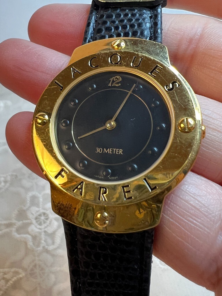 Vintage Jacques Farel Gold Toned Case Black Dial Leather Band EE