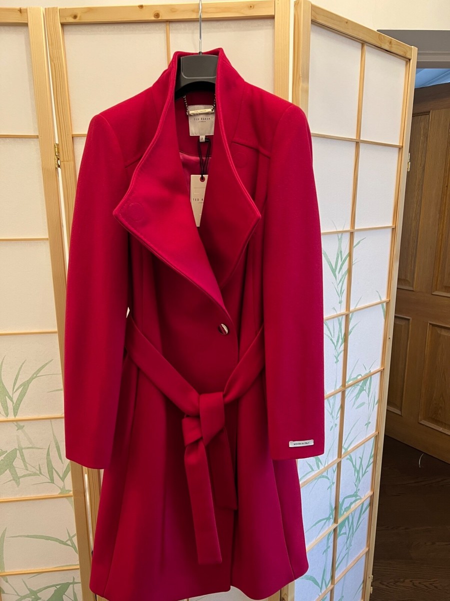 TED BAKER 'Sandra' Wool Wrap Coat, Deep Pink, UK Size 10, TB