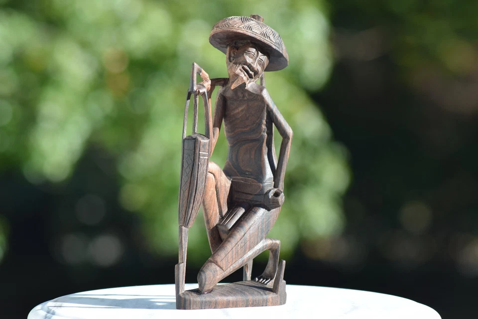 ANTIGUA ESTATUA CHINA DE MADERA TALLADA EN MADERA DE BURLWOOD PESCADOR CAZADOR FIGURA Foto 2 de 4