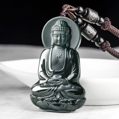 Chinese Natural Old Material Hotan Jade Black Jade Amitabha Pendant Necklace