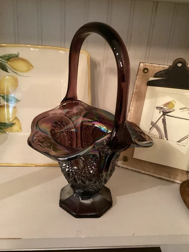 VTG Fenton Indiana Glass Heirloom Iridescent Flower Basket 10”