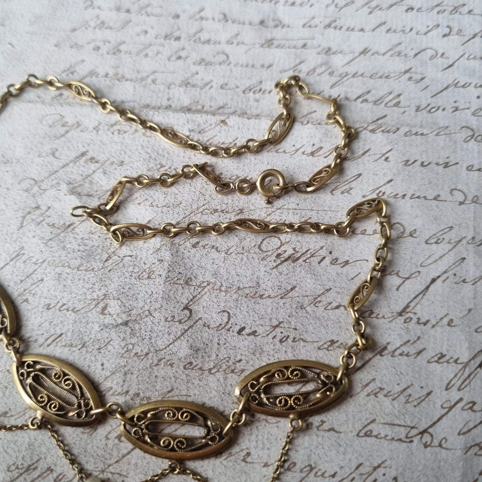 Collier Draperie Ancien Plaqué Or Filigrané vers 1900 - Photo 3/4