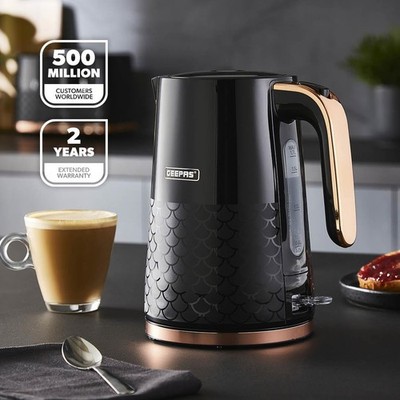 GEEPAS 1,7L Wasserkocher 3000W Schnellkoch Kabellos Kanne Wasserkocher Schwarz Aurora