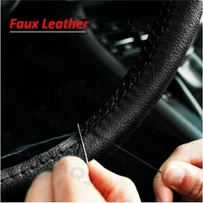 Genuine Leather DIY Car Steering Wheel Cover Anti-slip For 15"/38 cm Black US