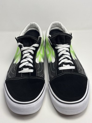 Vans Old Skool Green Flame Skate Shoes Black Suede True White Sneakers Mens 13
