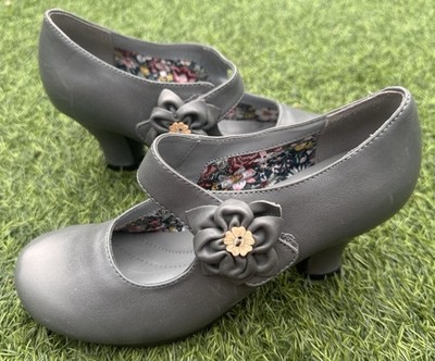 Hotter graue Leder Mary Jane Pumps UK 3 bequem niedriger Absatz geblümt