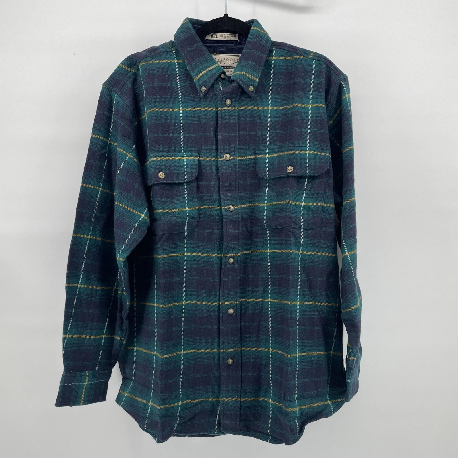 Vintage Claybrooke Outdoors Shirt Mens M Green Blue Plaid Flannel 90s Grunge