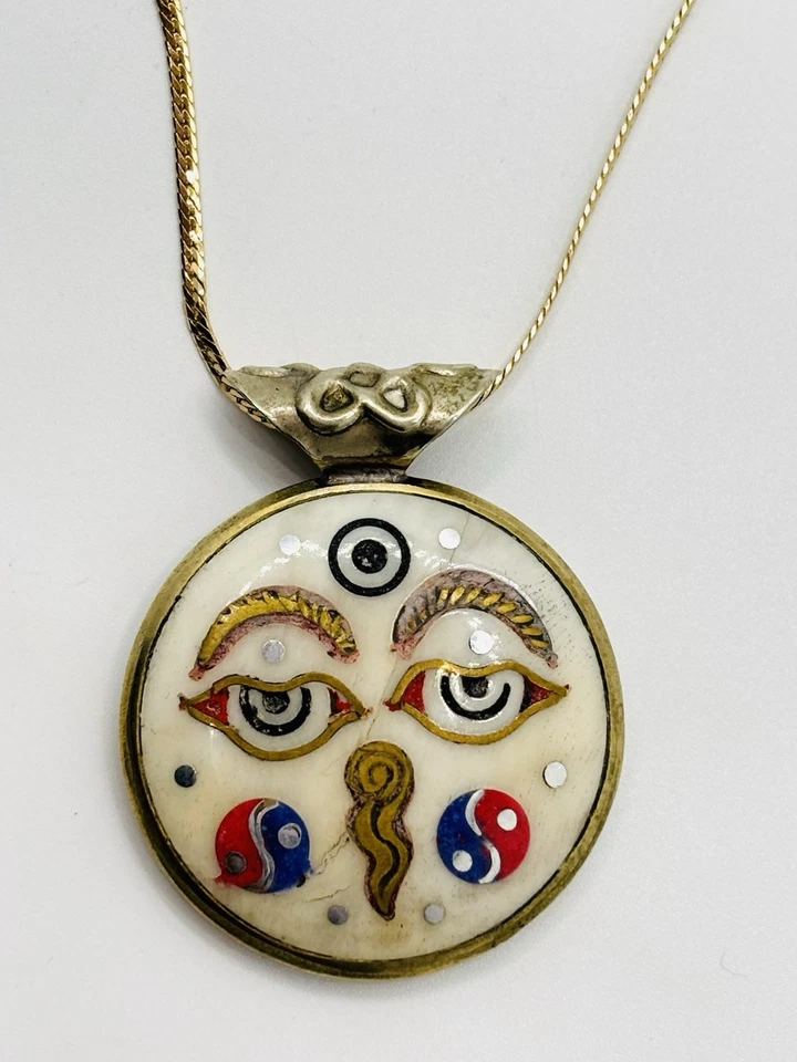 Symbolic Double-Sided Inlay Nepal Amulet Buddha Kathmandu Pendant Necklace - Image 2 of 4