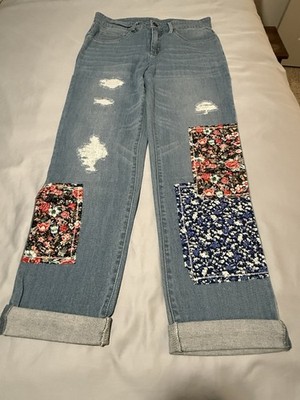 Vincente size 8  Patchwork Jeans Women Boho Floral Distressed Cuffed2.053