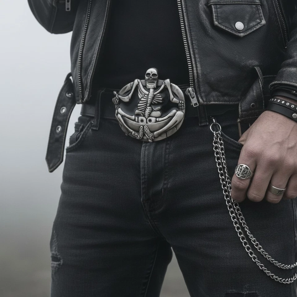 Uomo Donna Argento Cintura Fibbia Teschio Scheletro Big Yoga Ossa Body Halloween - Immagine 3 di 4