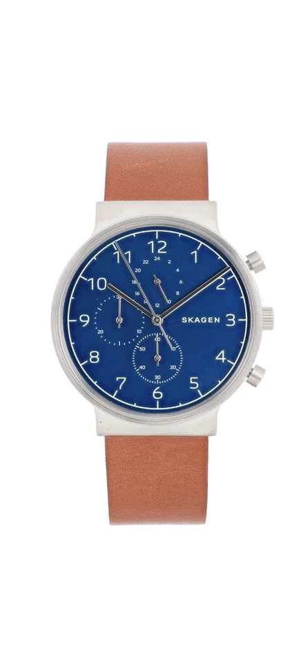 Мужские кварцевые часы с хронографом Skagen Ancher 40 мм синий циферблат и кожаный коричневый ремешок - Изображение 2 из 4