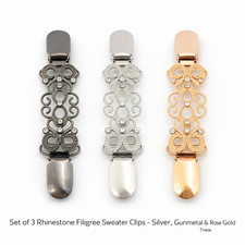 Set of 3 Rhinestone Filigree Sweater Clips, Silver, Gunmetal  Rose Gold Tone