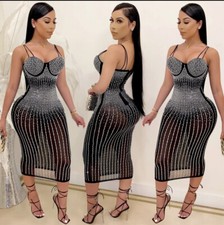 Black Crystal Mesh Diamond Bodycon Sequin Dress With Built In Lining Size M
