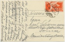 ITALY 1949 25 L espresso express stamp single postage VF postcard to Switzerland