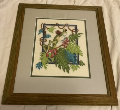 Vintage Cross Stitch Rain Forest Frog Colorful Tree Frog Framed 16-1/2 H x 14 W