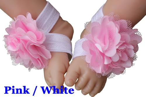 Baby Barefoot Sandals Satin Mesh Flower Shoes Footwear Infant Toddler Photo Prop - Picture 13 of 15