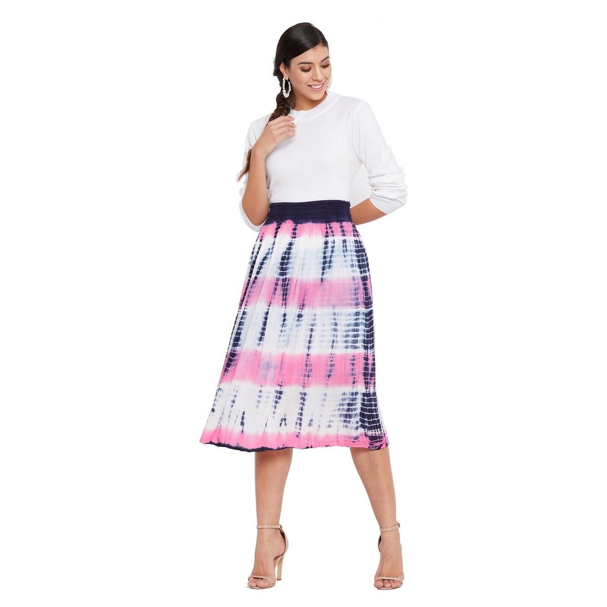 Oussum Women Casual Midi Skirt High Waist Pleated A-Line