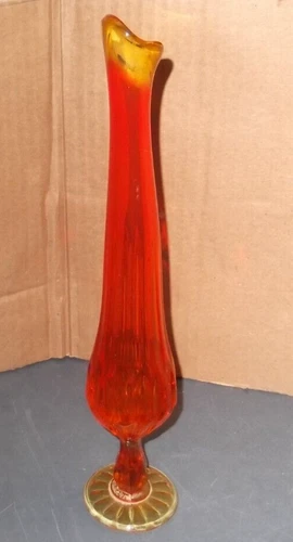 FENTON GLASS 12" TALL AMBERINA THUMBPRINT STRETCH BUD VASE