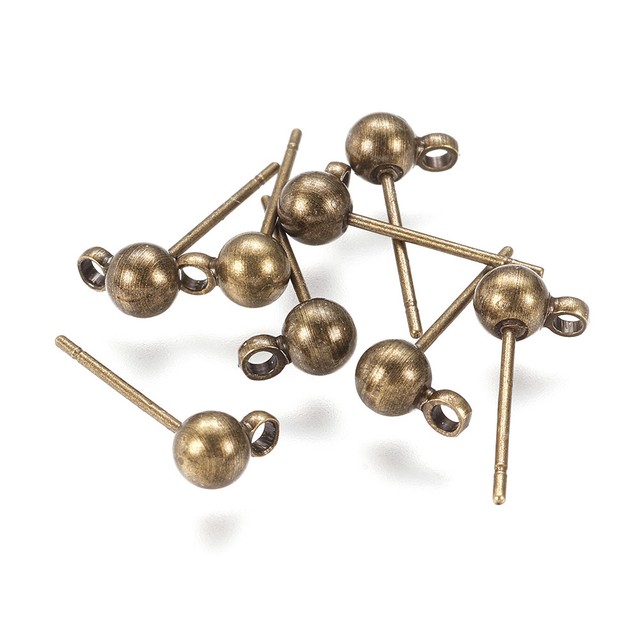 20pcs Brass Ball Earring Posts Antique Bronze Stud Findings w/ Loop