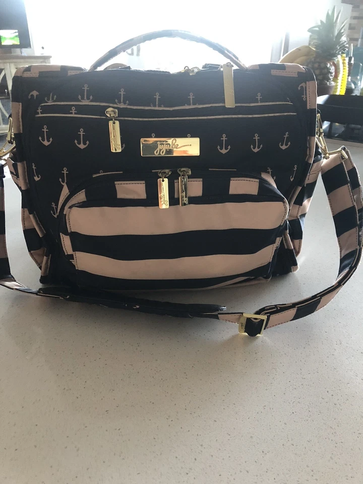 Ju Ju Be B.F.F. Diaper Bag/ Backpack Navy/Champagne Stripe With Changing Pad - Image 3 of 4