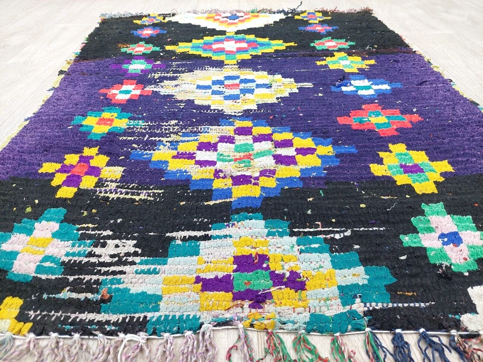 Moroccan Vintage Area Rug 3x4 Handmade Berber Purple Black Boujaad Geometric Rug - Image 2 of 4