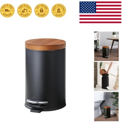 4.5 Liters Stylish Black Round Trash Can with Bamboo Lid - Step-On & Slow Close