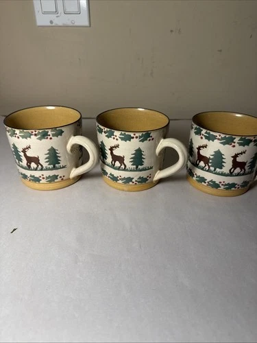 Nicholas Mosse Pottery-SET OF 4-Holiday Reindeer Large Pottery Mugs 3.25"