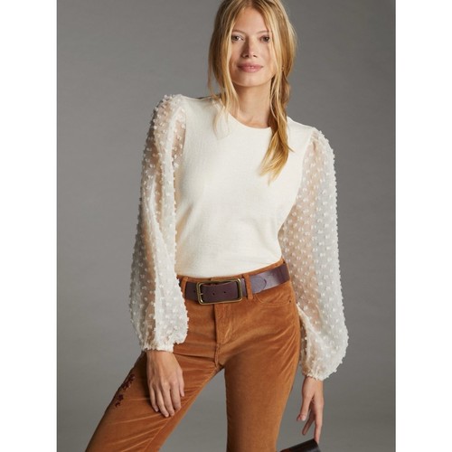 Maeve Anthropologie Ivory Dot-Texture Puff Sleeves Blouse