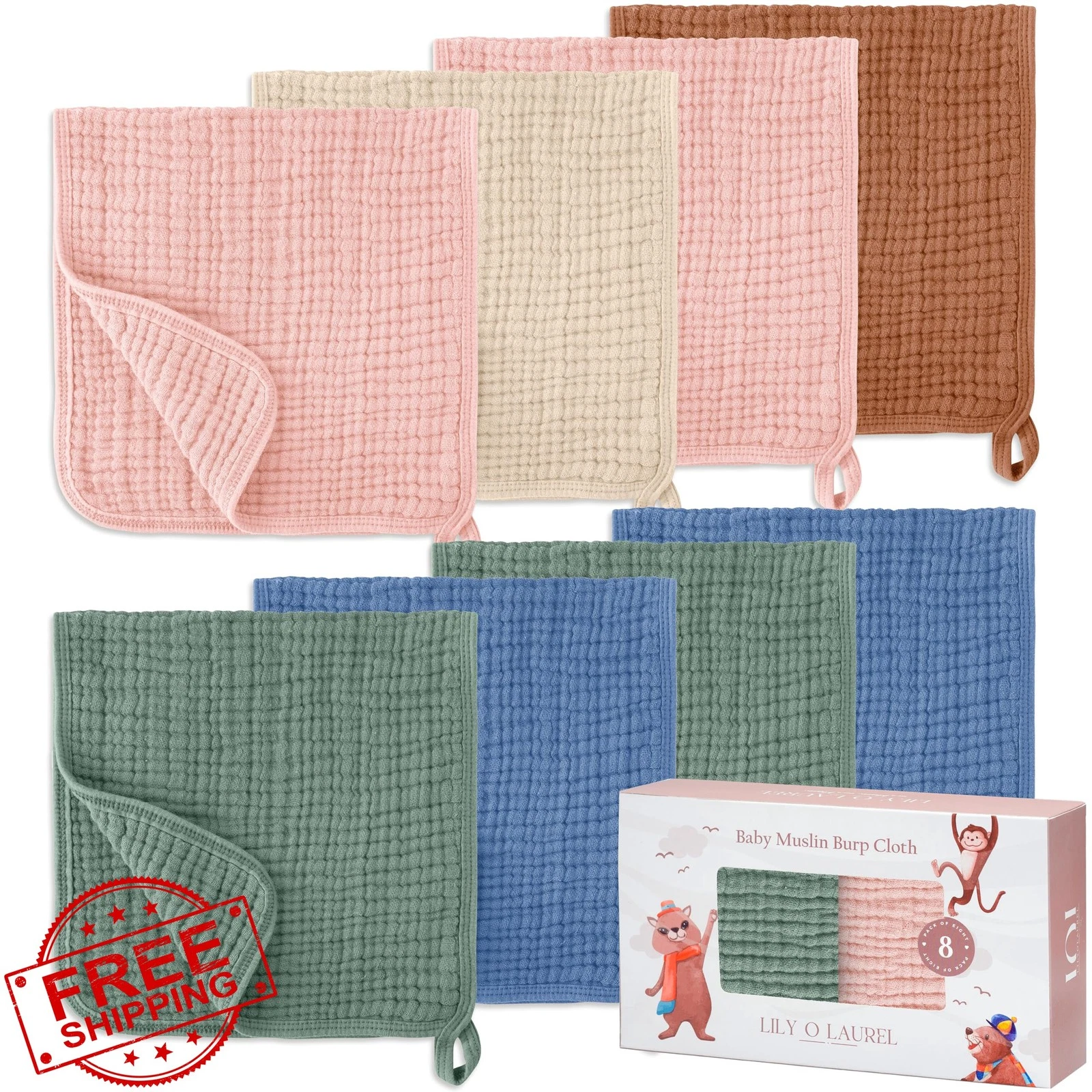 LILY O LAUREL Burp Cloths Pack of 8 Solid Mix