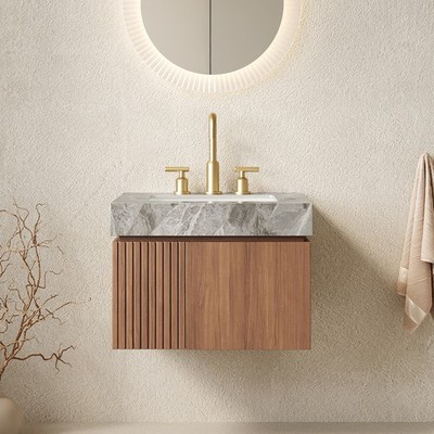 24'' Bathroom Vanity Sink Floating Plywood Cabinet Sintered Stone Top Gray