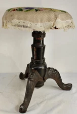 Antique Piano Bench Stool Seat Fabric Top Iron Legs Wood Base Primitive Stool