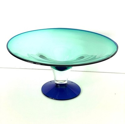 Blenko 9476LP Antique Green and Cobalt Glass Pedestal Console Bowl 14'' Wide