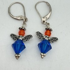 Vtg Sterling Silver Angel Earrings Blue Orange Crystal Dainty Signed