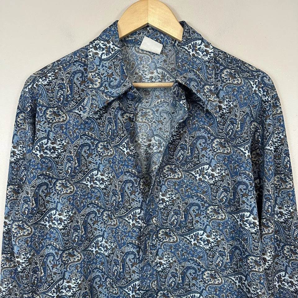 Camisa De Colección Años 70 Disco Paisley Sears Kings Road Azul Abotonada Para Hombres L Foto 3 de 4