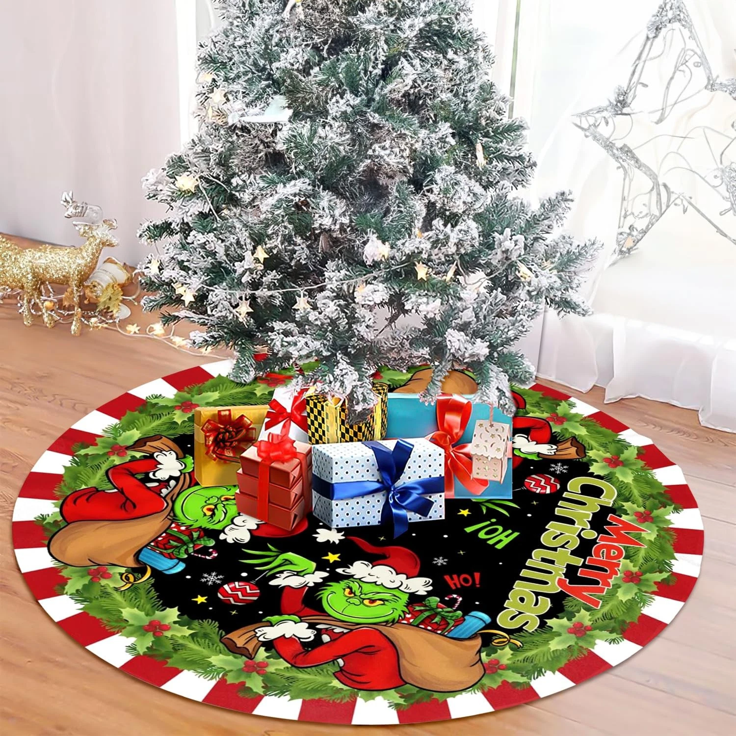 Santa Character Christmas Tree Skirt, Snowflakes Design, Holiday Tree Decor