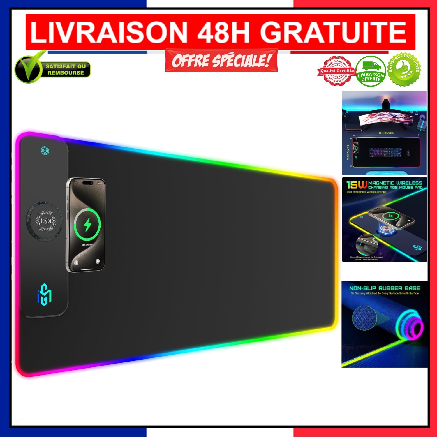 Tapis de Souris Antidérapant 900x400 Bureau Informatique Grand Angle RGB