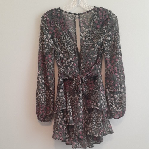 Illa Illa Anthropologie Floral Olive Romper Sheer Sleeve Boho Festival Ruffle SM - Picture 3 of 10