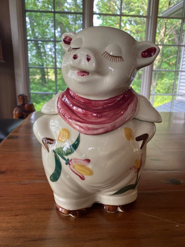 Rare Vintage 1940s Tulip Floral Shawnee Pig Cookie Jar Smiley USA Americana