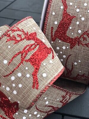5 Yards Christmas Elegance Reindeer Glitter Accented Winter Wired Ribbon 2 1/2"W 