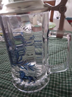 Vintage Domex Glass Beer Mug Pewter  Lidded Stein Tankard Italy Germany.