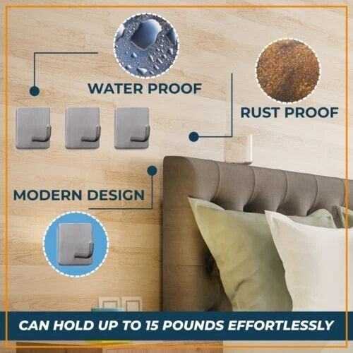 Heavy Duty Adhesive New Wall Hooks Stainless Steel Waterproof  Silver 10 Pack - Image 3 of 4