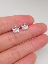 925 Sterling Silver Cz Crown Stud Earrings Womens Girls Tiny Post Studs 8mm
