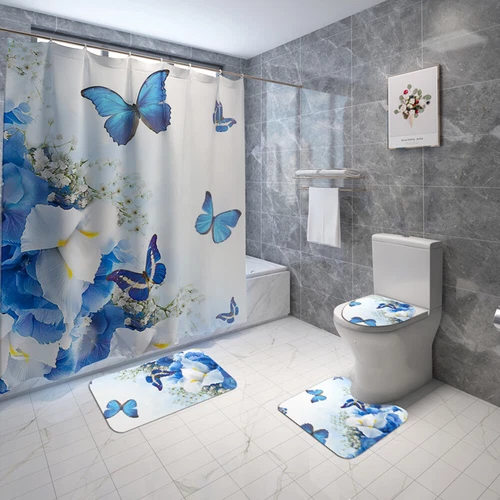4Pcs/Set Butterfly Rose Waterproof Shower Curtain Toilet Lid Cover Bathroom Mat - Bild 16 von 36