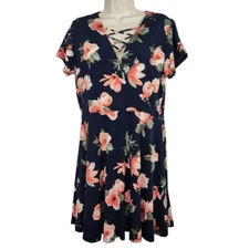 J for Justify Blue Floral A-line V-neck Dress Women Size XL Short Sleeve NEW 